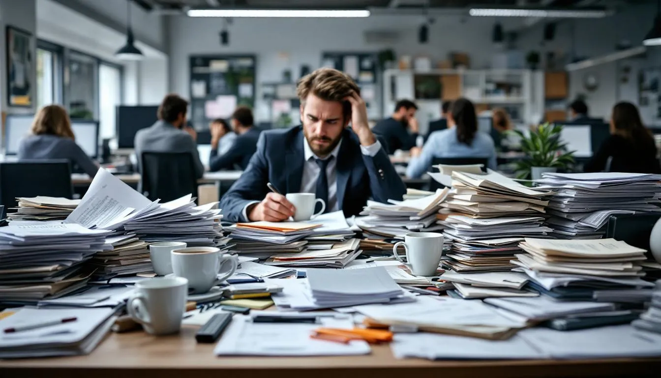 Mitarbeitern - Ein unaufgeräumter Schreibtisch zeigt die Anzeichen von Überlastung am Arbeitsplatz, mit zahlreichen Dokumenten und To-Do-Listen, die auf die hohe Arbeitslast und den Stresslevel der Mitarbeitenden hinweisen. Diese Situation kann zu einem Gefühl der Überforderung und einem erhöhten Risiko für Burnout führen.