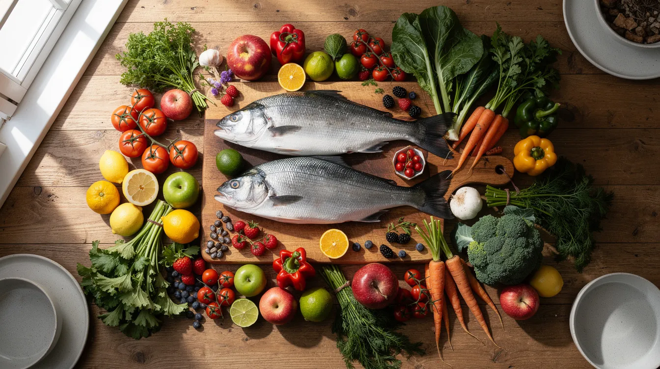 The image showcases a vibrant arrangement of fresh fruits, vegetables, and fish displayed on a kitchen table, promoting a balanced diet that can support healing and improve lymphatic circulation. This colorful spread emphasizes the importance of nutrition in the recovery process, particularly for those managing post liposuction fibrosis or undergoing tissue healing.