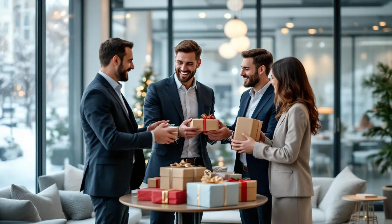 Geschäftspartner tauschen Weihnachtsgeschenke aus in festlicher Atmosphäre