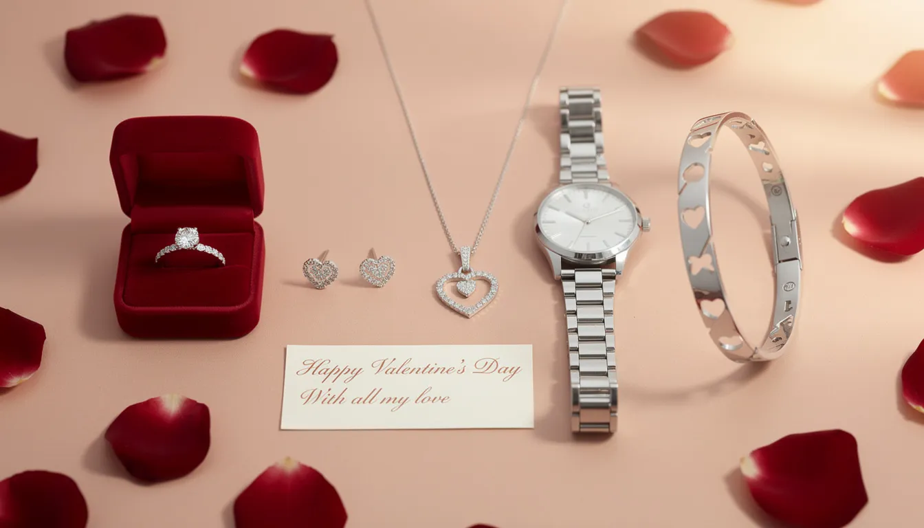 The image showcases a collection of classic Valentine's Day gifts including sparkling diamond jewellery, luxury watches, and elegant earrings, all designed to symbolize love and appreciation. These perfect Valentine's Day gifts feature heart motifs and personalized items, making them cherished tokens of affection that can be treasured for a lifetime.
