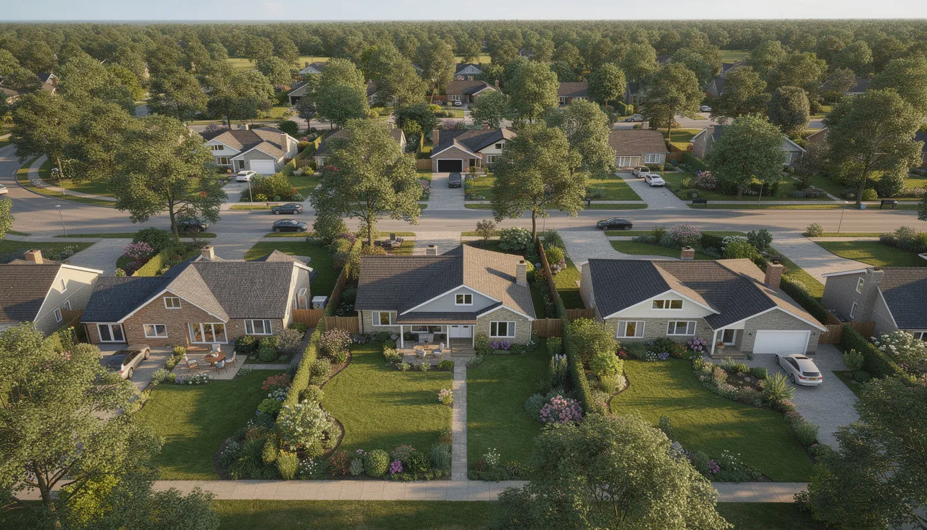 An aerial view showcases a picturesque suburban neighborhood filled with tree-lined streets and spacious homes featuring large gardens. This serene setting is ideal for families seeking a peaceful environment, and it may also benefit from professional DSTV installation services for enhanced home entertainment.