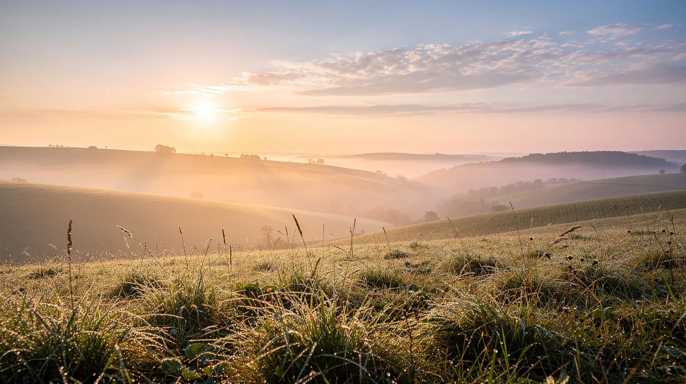 A serene sunrise landscape is illuminated by soft golden light, casting a warm glow over rolling hills. The bright morning light enhances the natural beauty of the scene, promoting a feeling of energy and positivity as it marks the beginning of a new day.