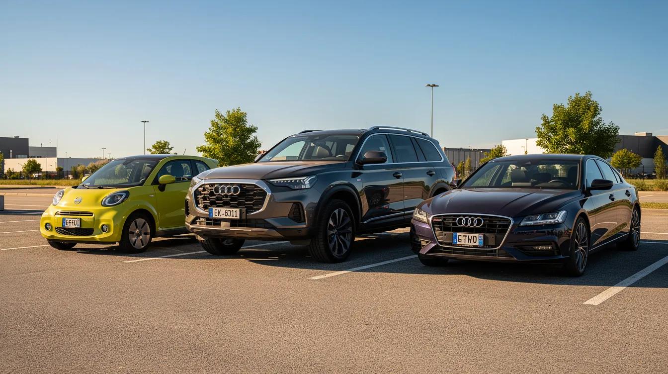 Une citadine, un SUV et une berline garés côte à côte.