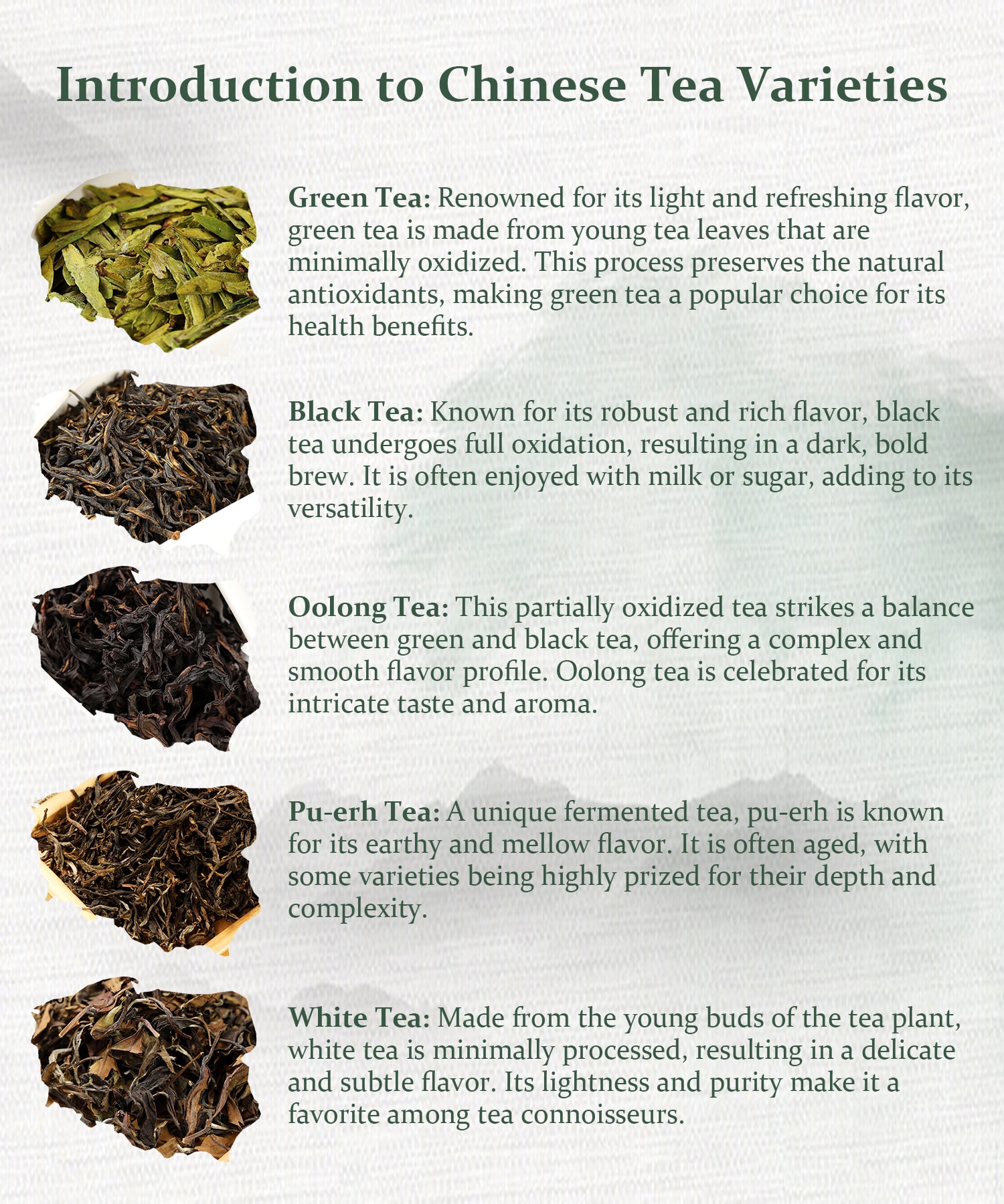 Green tea, black tea, oolong tea, puer tea, white tea