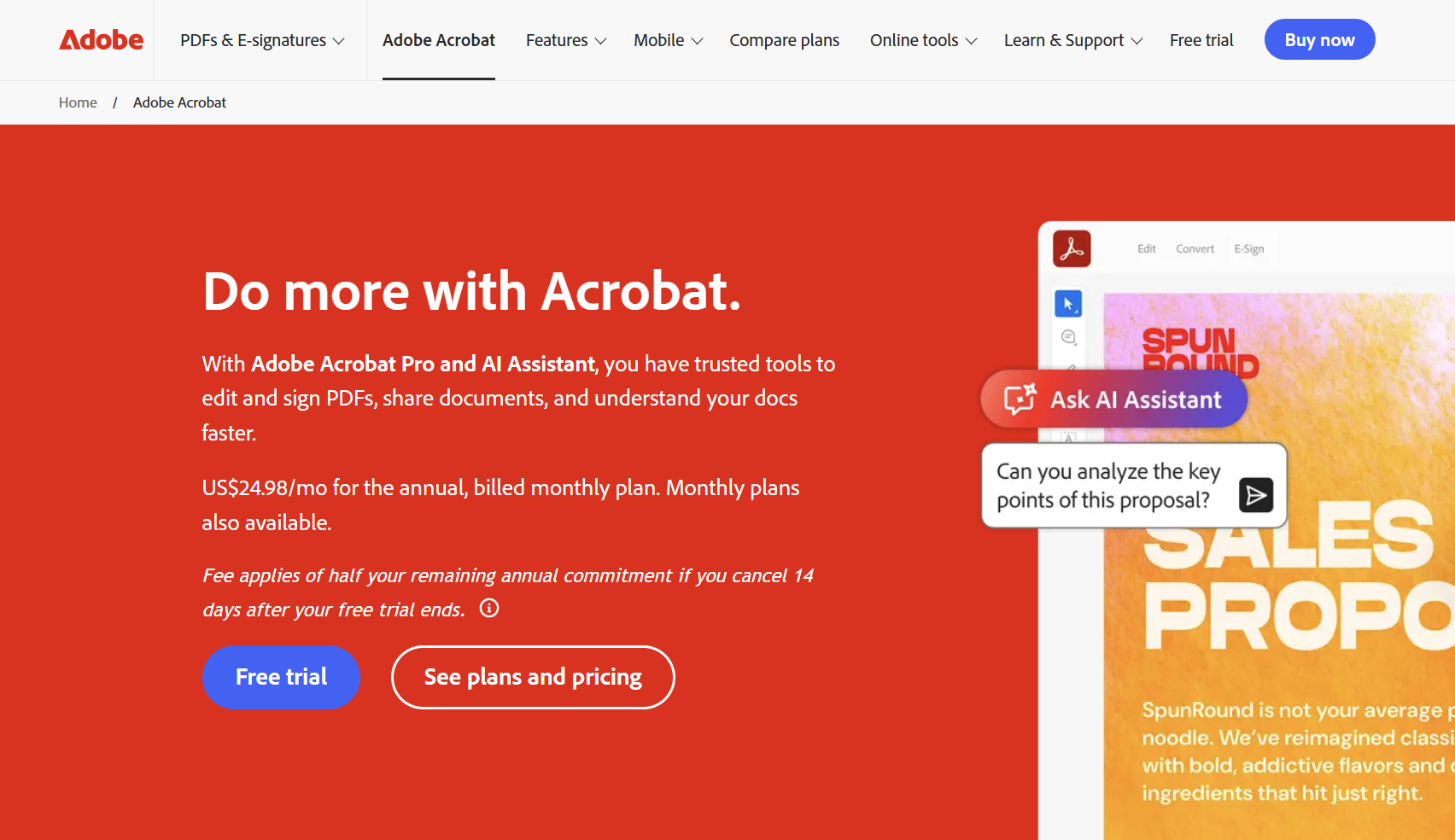 Adobe Acrobat homepage banner with pricing information and promotional graphics highlighting PDF editing, e-signing, and AI-powered document analysis features.