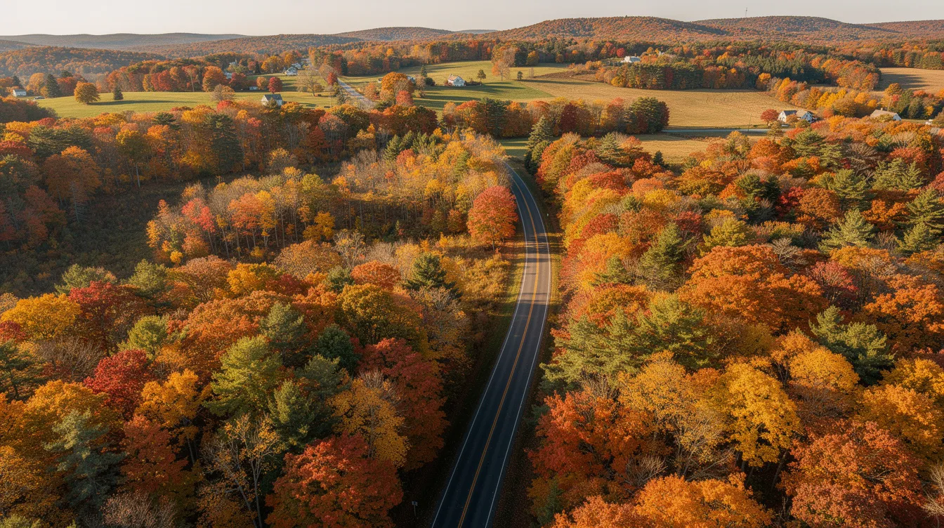 An aerial drone view captures the vibrant autumn landscape of New England, showcasing a tapestry of colorful trees alongside a winding road. This picturesque scene highlights the beauty of nature, perfect for promotional videos aimed at creating excitement and engaging potential customers on social media platforms.