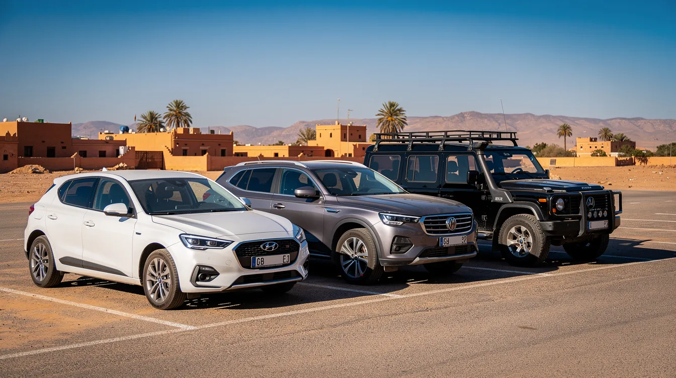 Une vue d'un parking ensoleillé au Maroc, où plusieurs voitures sont alignées : une citadine blanche, un SUV gris et un 4x4 noir, évoquant la diversité des véhicules dans ce cadre quotidien.