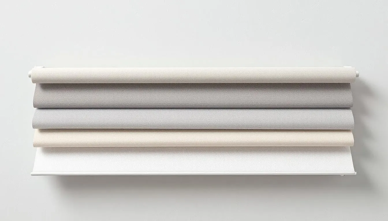 A variety of fabric choices for roller shades on display.