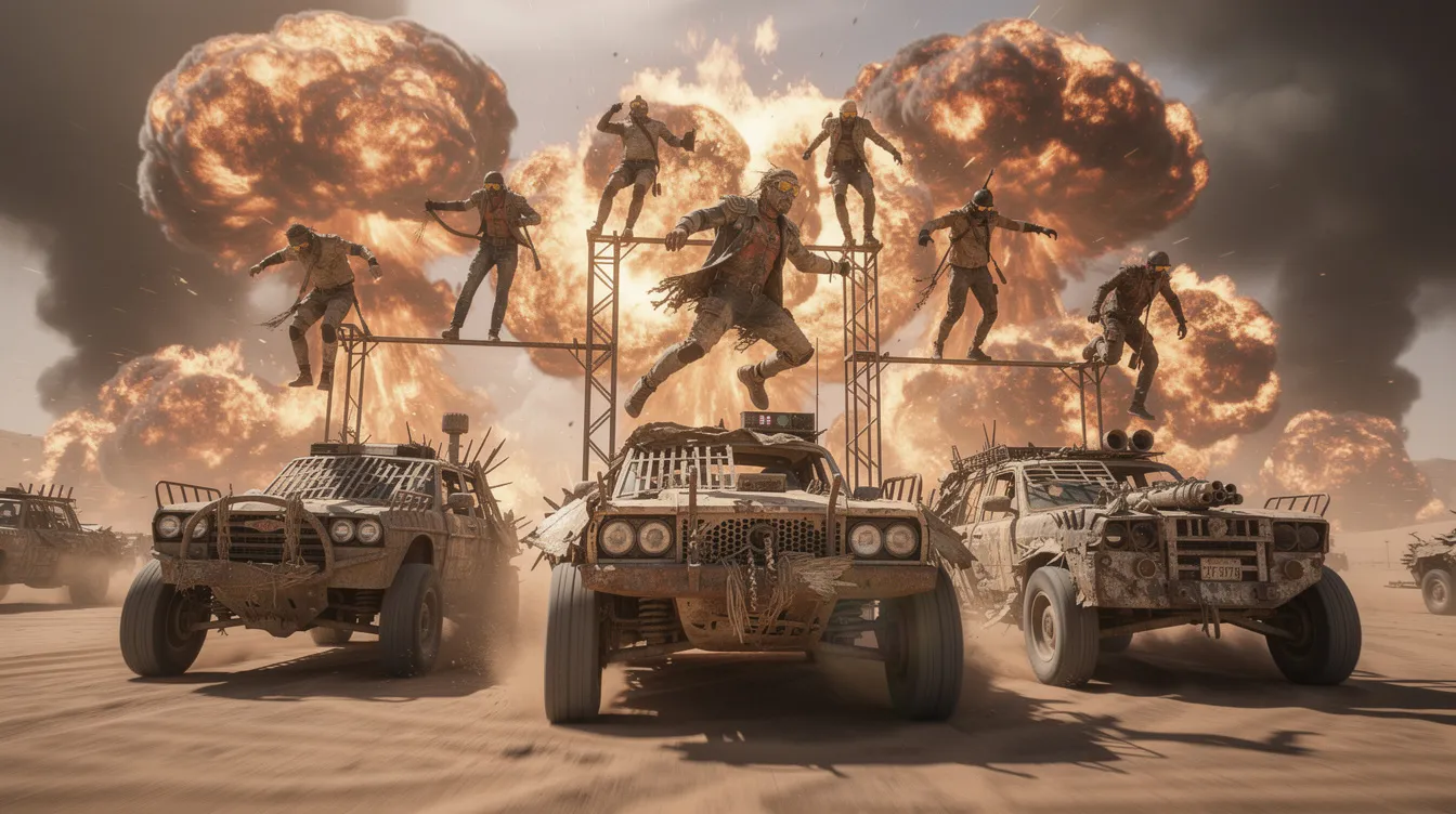 In einer dynamischen Szene aus "Mad Max: Fury Road" rasen mehrere improvisierte Wüstenfahrzeuge mit hoher Geschwindigkeit durch die karge Landschaft, während explosionsartige Wolken im Hintergrund aufsteigen. Stuntleute balancieren waghalsig auf Metallstangen zwischen den Autos und vermitteln ein Gefühl von Adrenalin und actionreicher Verfolgungsjagd.