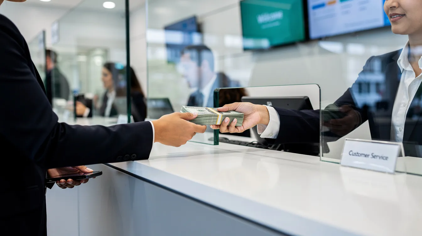 A person is receiving cash at a bank counter window, likely at an HSBC branch, where they can manage their international payments and transfers. The setting highlights the ease of sending money abroad and accessing global money accounts for various currencies.