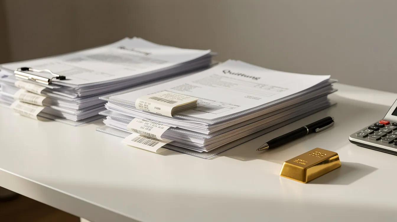 Auf einem Schreibtisch liegen ordentlich sortierte Dokumente und Quittungen neben einem kleinen Goldbarren. Diese Darstellung zeigt die Aspekte des Goldkaufs und der steuerlichen Behandlung von Edelmetallen, die für Anleger von Bedeutung sind.