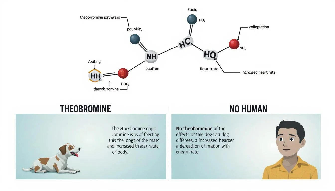 The image depicts a detailed diagram illustrating the molecular structure of theobromine, highlighting its effects on dogs versus humans. It emphasizes that while humans can safely consume chocolate products like milk chocolate and chocolate cake, theobromine is toxic to dogs, leading to symptoms of chocolate poisoning if a dog eats chocolate, especially in larger amounts.