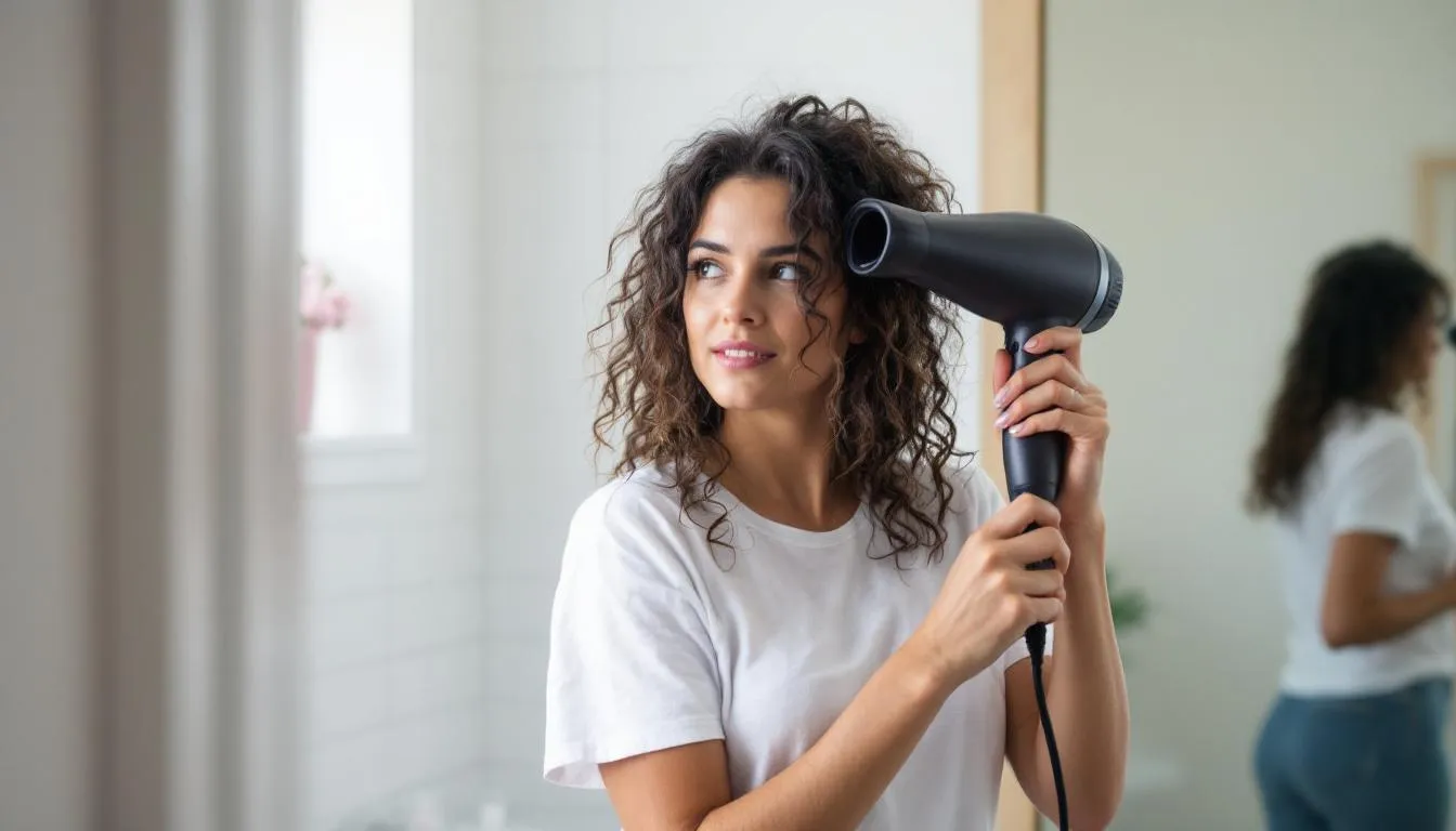 Une femme utilise un diffuseur pour sécher ses cheveux bouclés, mettant en valeur ses boucles bien définies et volumineuses. Elle suit une routine capillaire pour sublimer ses cheveux, tout en prenant soin de son cuir chevelu avec des produits adaptés.