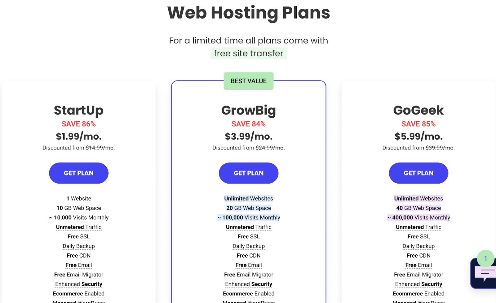 Siteground's website hosting plans and pricing. 