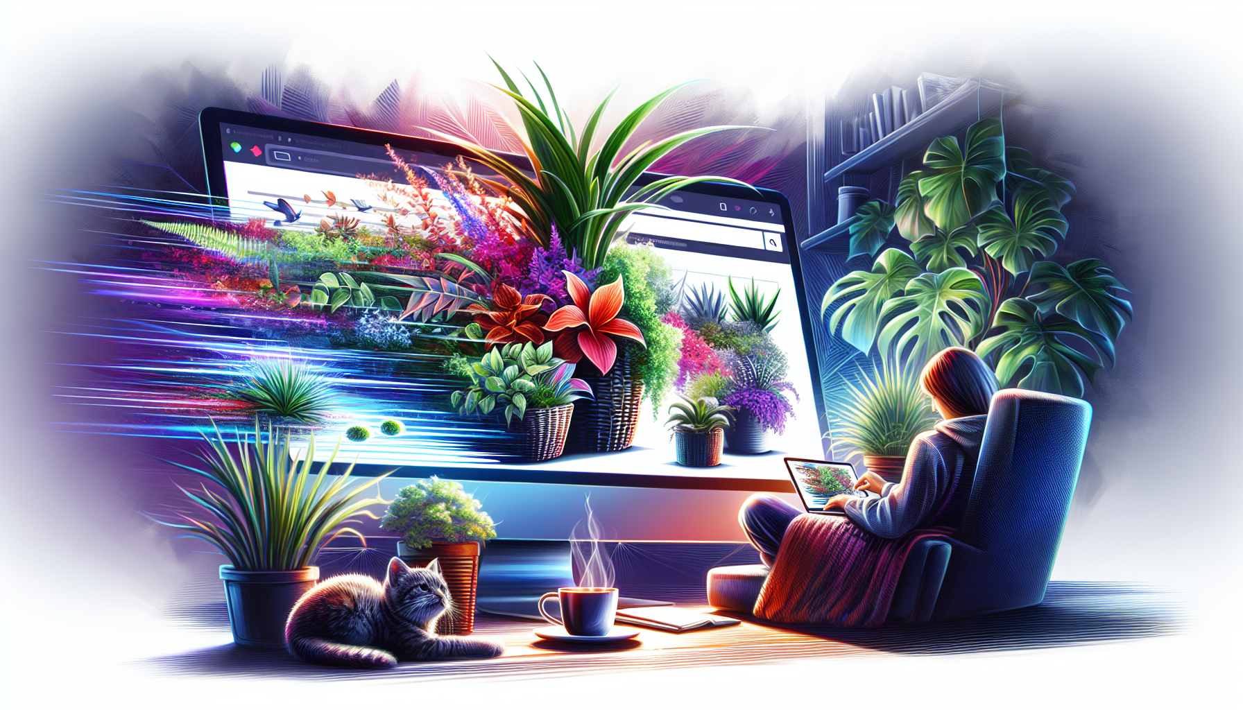 Illustration of a person browsing plants on a computer