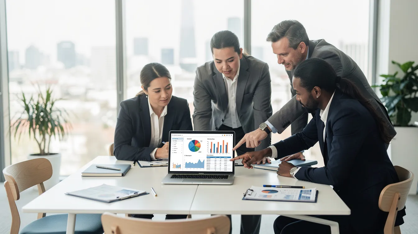 Des professionnels travaillent sur un ordinateur portable dans un bureau moderne, analysant des données pour élaborer une stratégie marketing efficace visant à générer des leads qualifiés. L'ambiance est collaborative, propice à la discussion sur les meilleures techniques de génération de leads et d'optimisation des campagnes marketing.