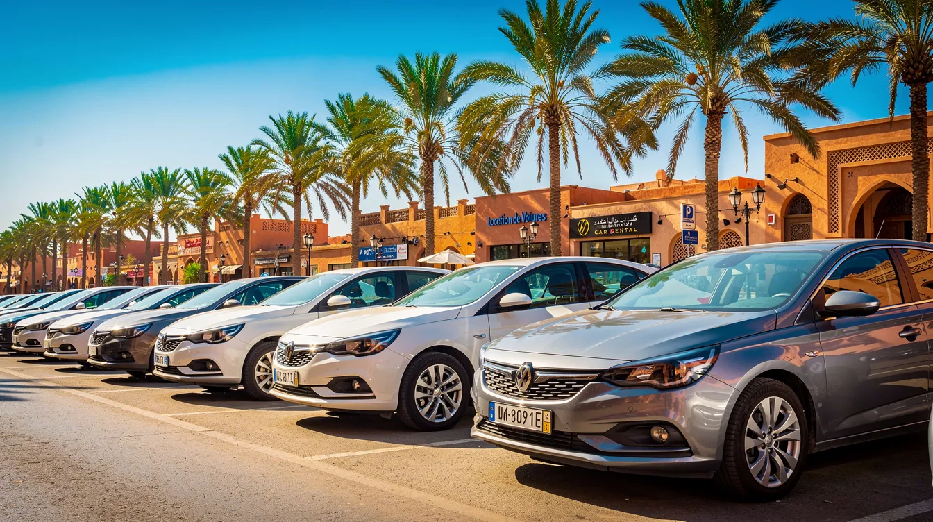 A row of clean rental cars is parked under the bright sun in a Moroccan city, with palm trees swaying in the background, showcasing the vibrant atmosphere of the car rental business. This scene highlights the efficiency and appeal of vehicle rental operations, perfect for customers seeking convenient access to vehicles.