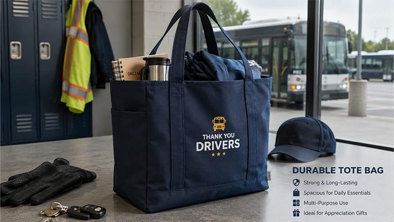 Personalized tote bag carrying a tumbler and driver essentials beside a bus depot locker