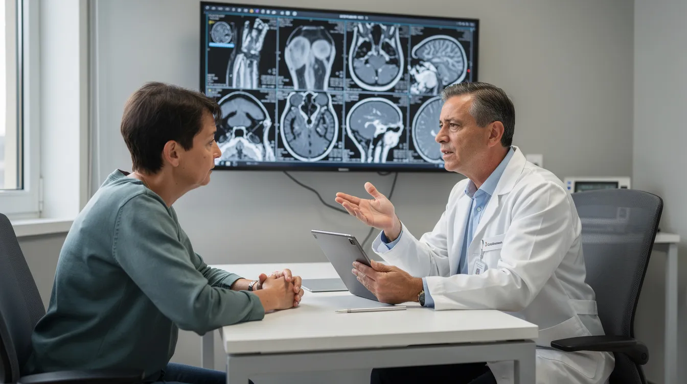 A doctor and a patient are seated in a consultation room, discussing medical imaging results related to lung cancer. The doctor is explaining the importance of early lung cancer detection and treatment options, emphasizing how early diagnosis can significantly improve survival rates.