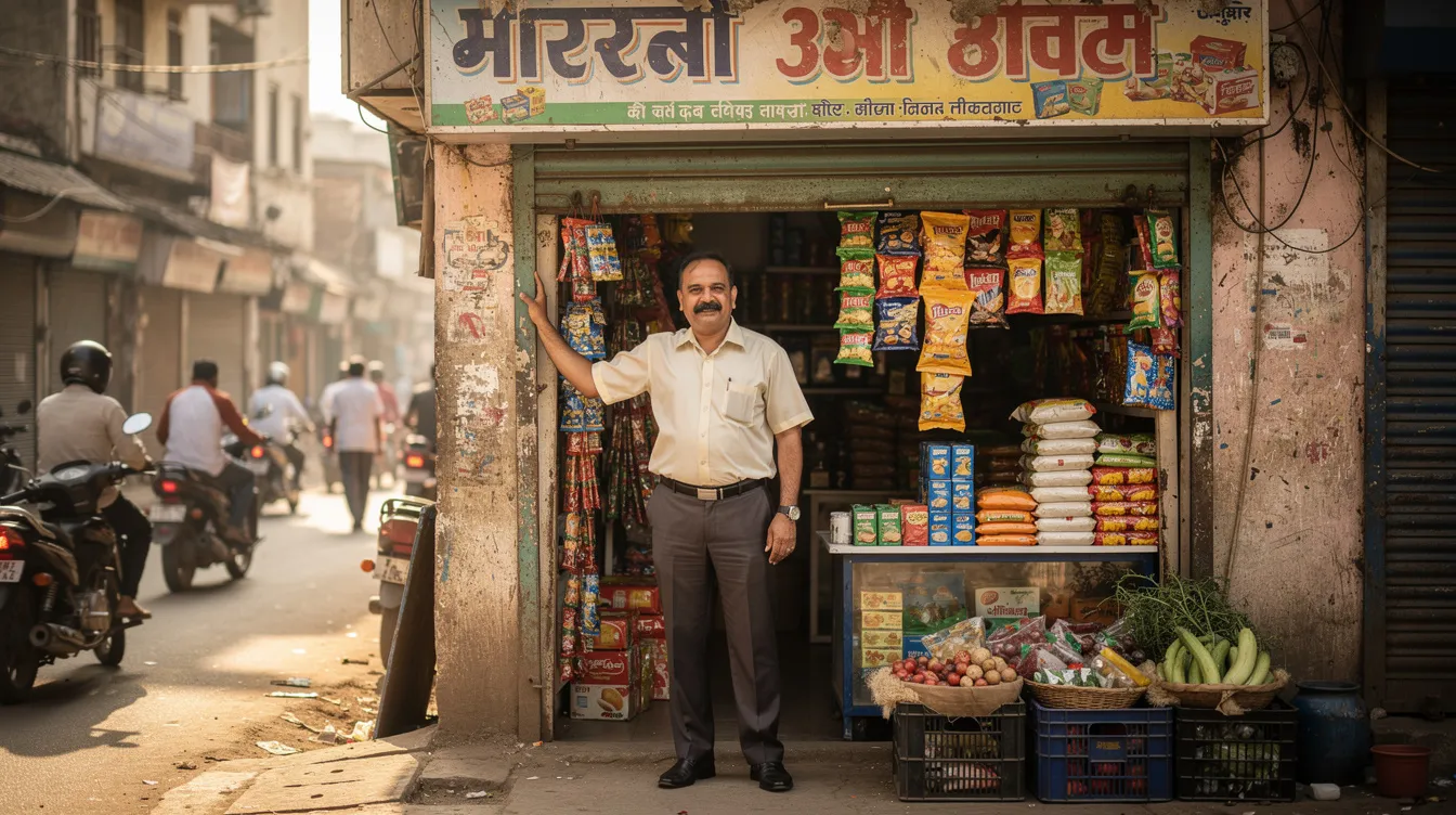 a221eaf6 a4d1 47f7 81cc 934895921ba6 The image shows a small Indian shop with a business owner standing proudly at the entrance, showcasing their income-generating micro enterprise. This scene reflects the spirit of entrepreneurship supported by financial institutions through programs like the Mantri Mudra Yojana (PMMY), which provides collateral-free loans to eligible borrowers for their business plans.
