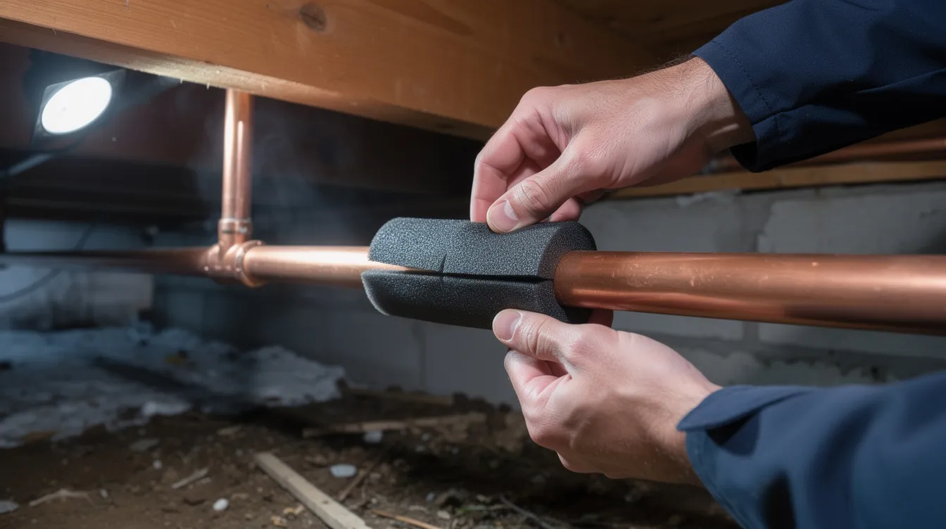 The image shows a licensed plumber installing foam pipe insulation around copper pipes in a cold crawlspace, a crucial step to prevent plumbing emergencies such as burst pipes and water leaks. This installation is part of regular maintenance to protect the plumbing system and minimize the risk of water damage.
