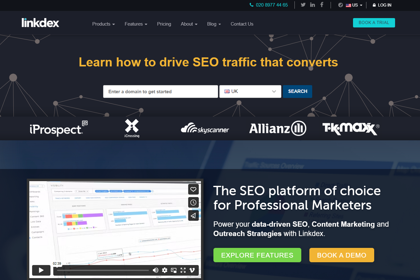 homepage of one of the best seo enterprise tools, linkdex