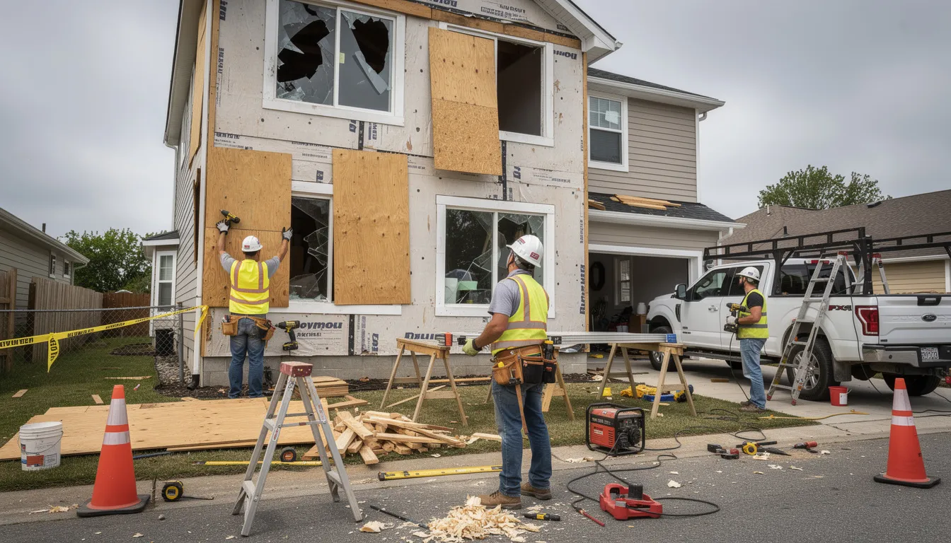 A team of workers is on-site at a damaged commercial property, using plywood and professional equipment to secure broken windows and doors, minimizing further damage from potential storms. This emergency board up service in Houston, Texas, is essential for protecting the structure and assisting property owners in their restoration process.