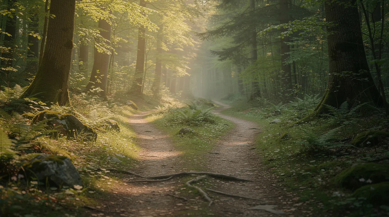 L'image montre deux chemins de randonnée qui se séparent dans une forêt verdoyante, symbolisant un choix à faire. Ce paysage évoque la notion de décision, tout comme le choix d'une méthode de contraception, comme le stérilet en cuivre, qui peut avoir des effets secondaires tels que la prise de poids.