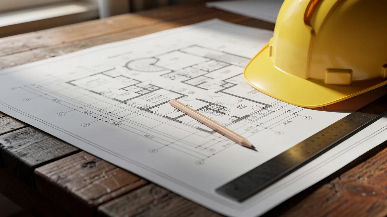 A close-up view of architectural blueprints lies on a wooden table alongside a hard hat, pencil, and ruler, symbolizing the critical planning phase of construction projects. This arrangement highlights the importance of clear documentation and contract terms in managing construction change orders and resolving potential disputes.