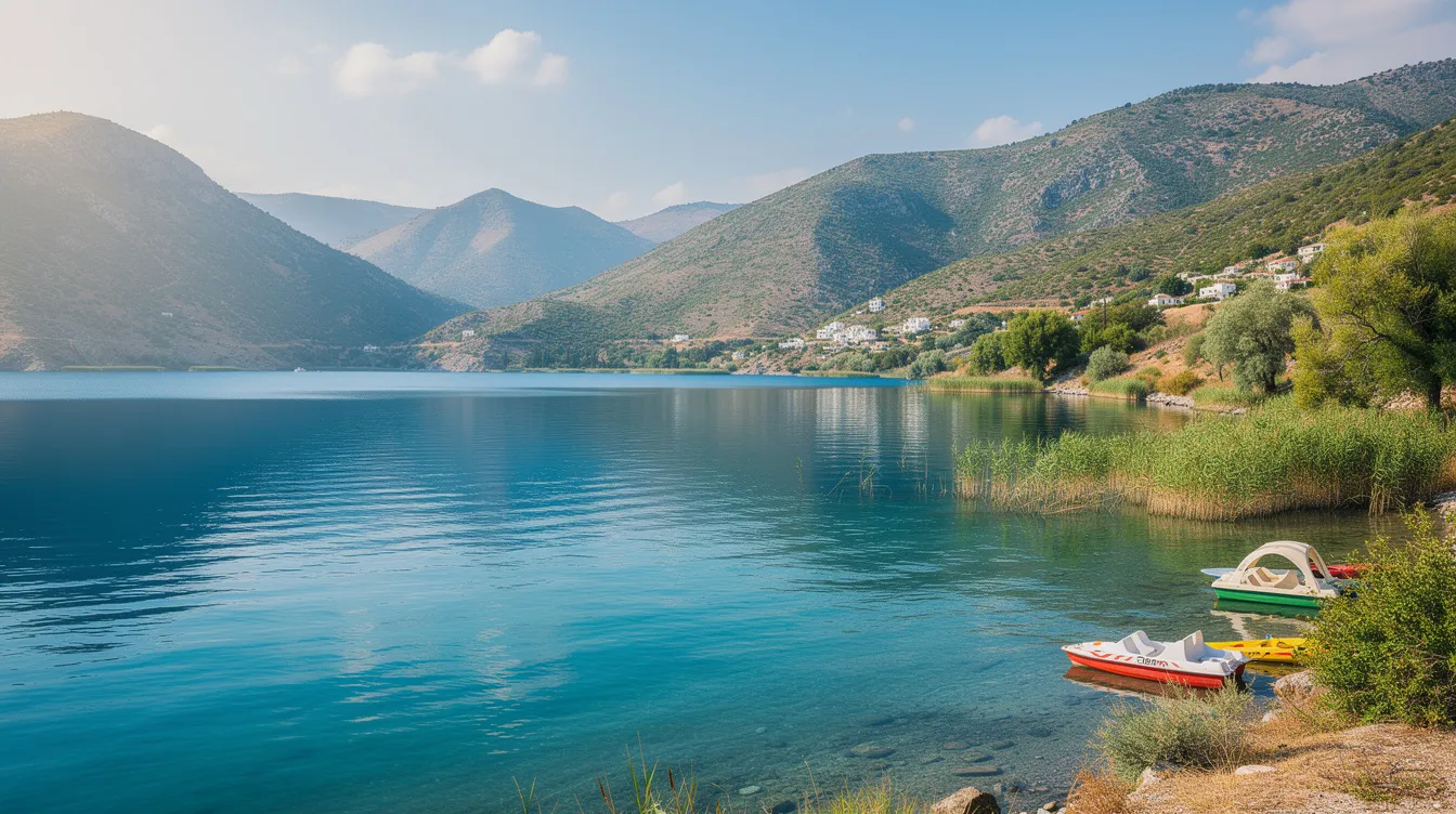 O lago Kournas, localizado na ilha de Creta, Grécia, é uma bela lagoa rodeada por montanhas e vegetação exuberante, oferecendo um cenário tranquilo e relaxante. As águas cristalinas refletem o céu, enquanto pessoas desfrutam da natureza e atividades ao ar livre, tornando este destino um destaque entre as atrações da região.