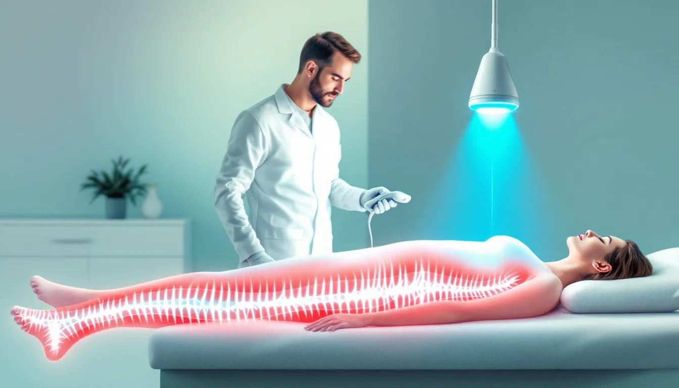 A chiropractor using cold laser therapy to treat a patient with sciatica pain.