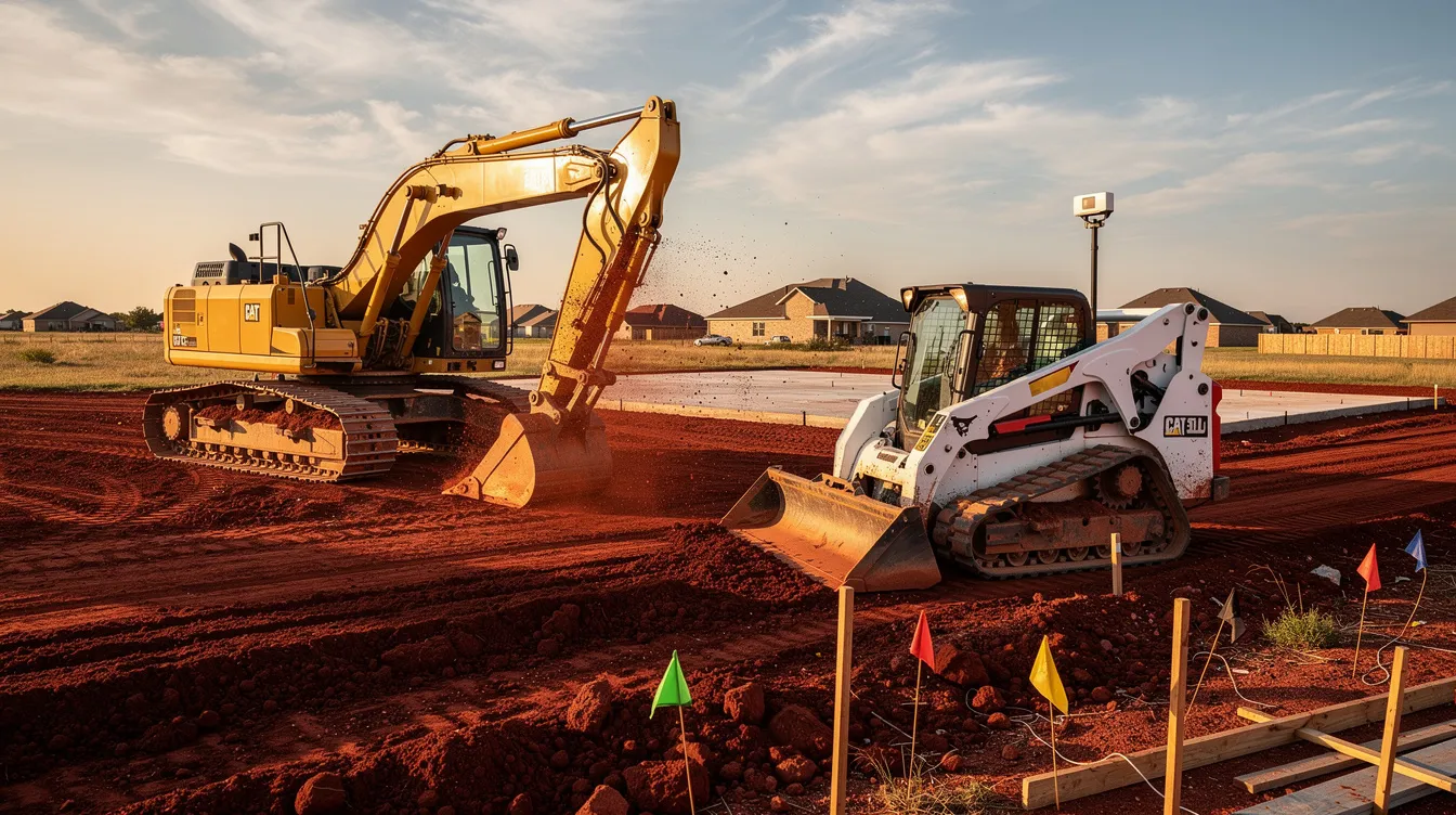 The image depicts a heavy yellow tracked excavator and a modern skid steer with a laser receiver collaborating on a residential construction site in Central Oklahoma. The scene showcases rich red earth dirt, a freshly graded pad, and a clear blue sky, emphasizing the professional work of an excavation company in the area.
