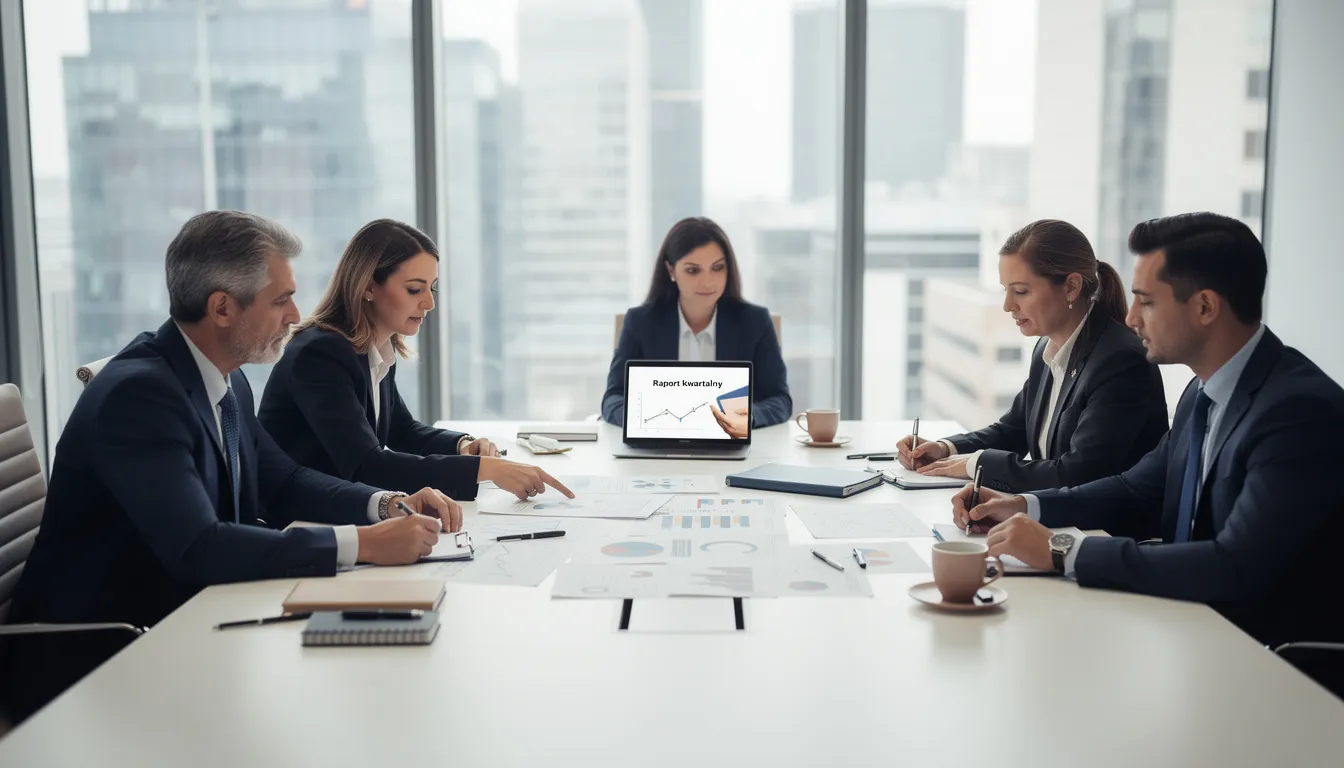 Na zdjęciu zespół biznesowy omawia dokumenty przy stole konferencyjnym, co może być kluczowe dla utrzymania płynności finansowej twojej nowej firmy. Współpraca z partnerami biznesowymi i zrozumienie procesu faktoringu może przyczynić się do dalszego rozwoju działalności gospodarczej.
