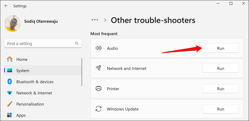 Steps to run audio troubleshooter in Windows