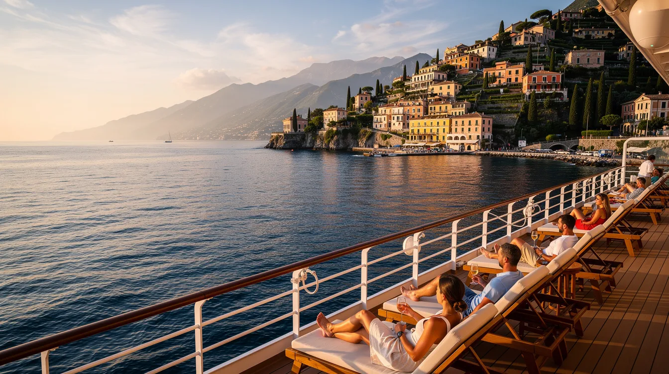 A imagem retrata um cruzeiro na Itália, com um elegante navio de cruzeiro ancorado em um porto pitoresco, cercado por edifícios históricos e paisagens deslumbrantes. O cenário evoca a tradição e a beleza das localidades italianas, destacando a rica cultura e história do país.
