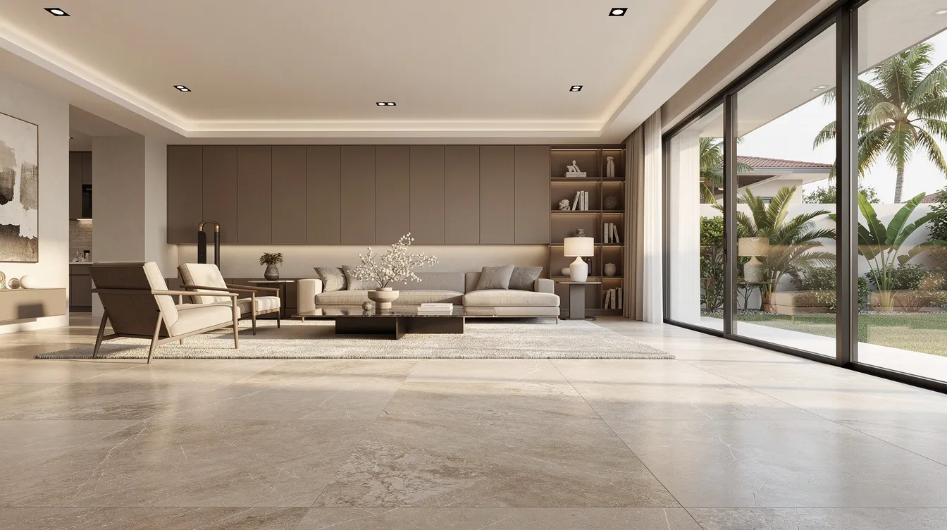 A luxurious modern living room showcases large-format porcelain floor tiles with a realistic stone look, highlighting their texture and detail. The space features floor-to-ceiling windows that allow natural light to illuminate the neutral color palette and designer furniture, creating an elegant and inviting atmosphere.