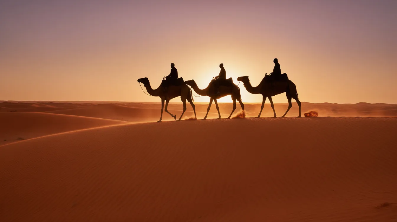 The image depicts a camel caravan silhouetted against the vibrant orange sand dunes of the Sahara Desert at sunset, capturing the essence of a serene and picturesque scene typical of a trip to Morocco. This tranquil moment highlights the beauty of the desert landscape, inviting travelers to consider a memorable camel ride as part of their Moroccan adventure.