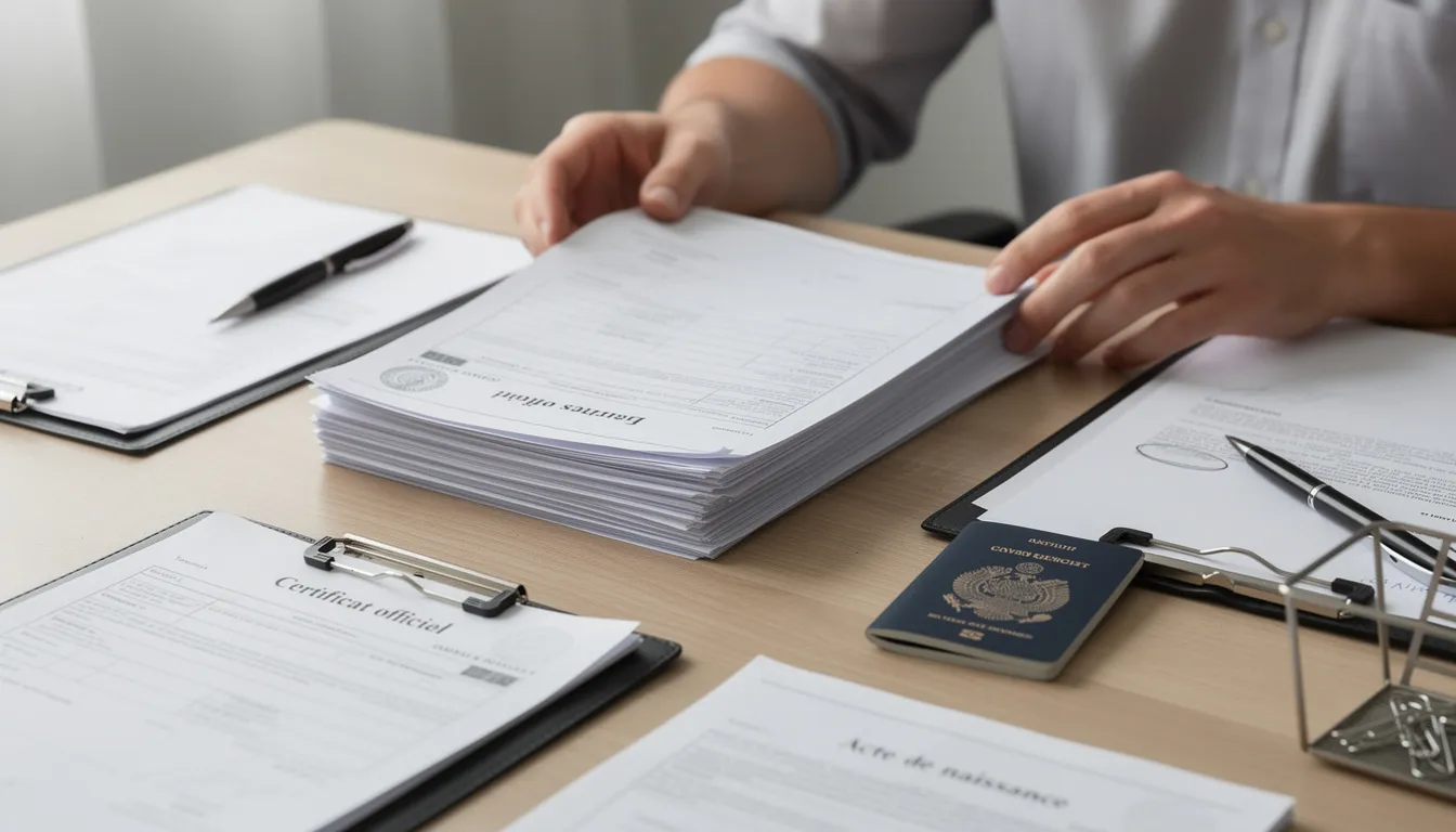 Une personne est assise à un bureau, organisant des documents officiels tels qu'un passeport et des certificats, en préparation de sa demande de résidence permanente au Canada dans le cadre du programme d'entrée express. On peut voir un environnement de travail ordonné, symbolisant l'importance de l'organisation dans le processus d'immigration.