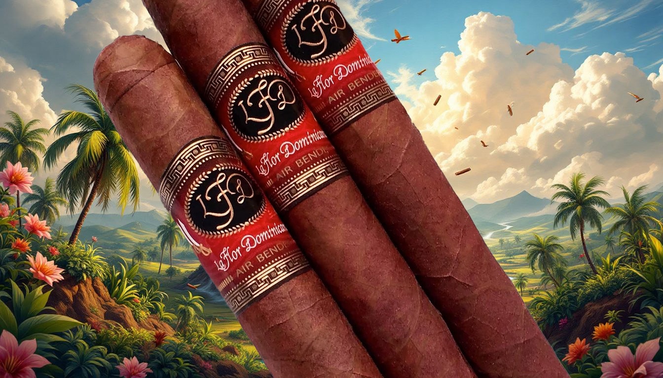 An artistic representation of the La Flor Dominicana legacy with blurred cigars in the background.