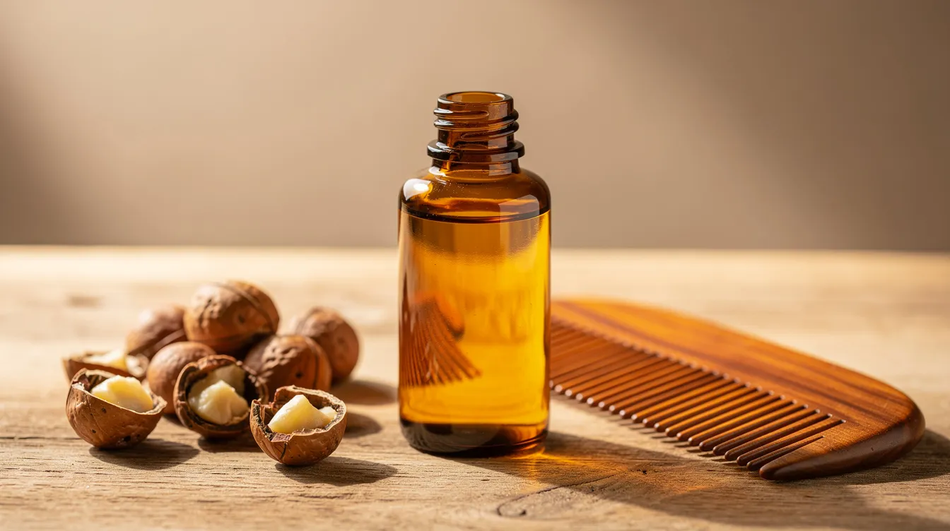 An amber bottle containing 4.2 fl oz of golden macadamia oil is placed next to a handful of macadamia nuts and a wooden comb, highlighting the oil's moisturizing benefits for dry hair and scalp. The scene suggests a natural approach to achieving silky, shiny hair while preventing split ends.