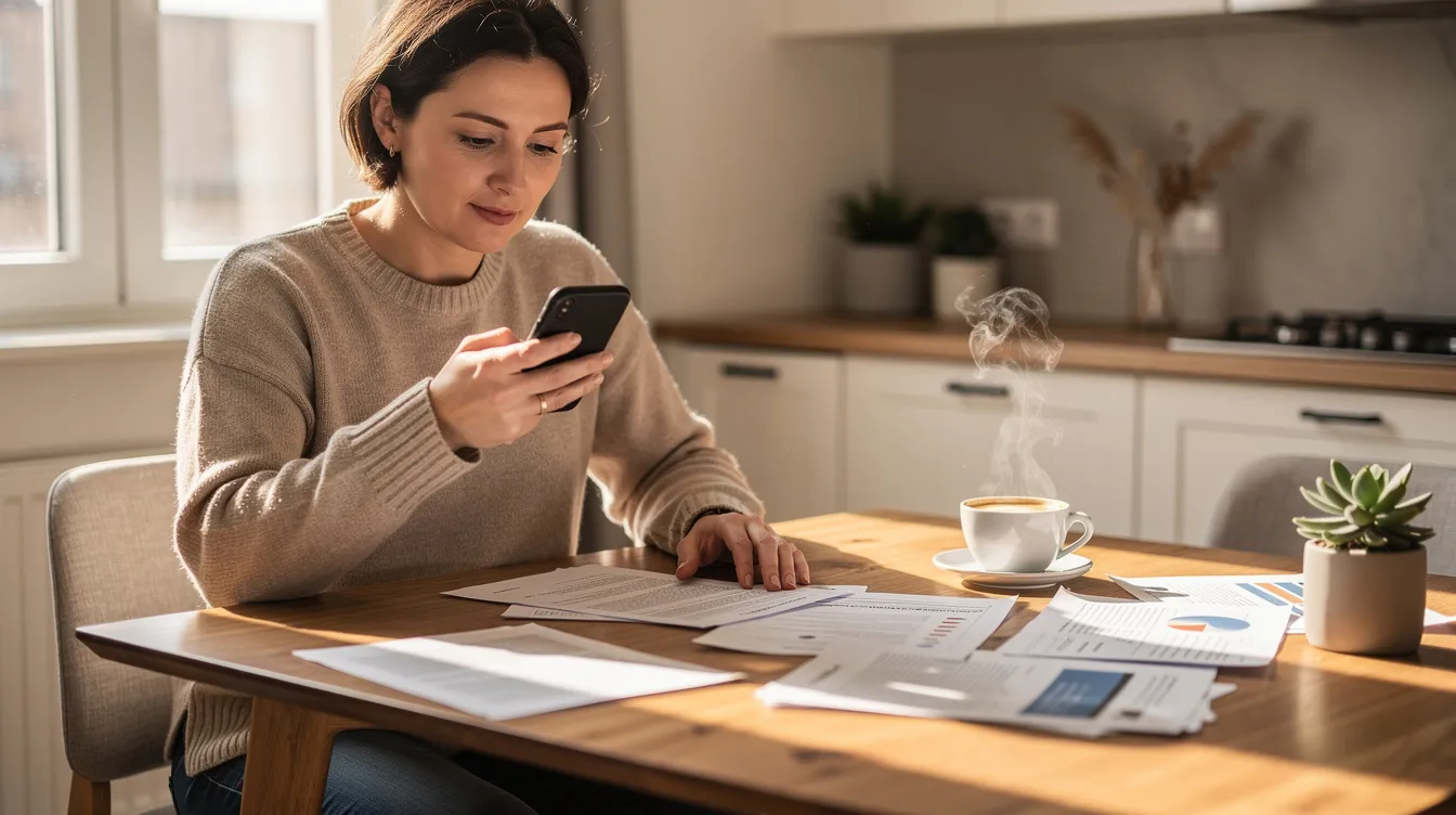 A person is sitting at a kitchen table, checking their smartphone while surrounded by papers and a cup of coffee, possibly looking for information related to 免 tu 私人 貸款 or preparing to submit a loan application. The scene captures a moment of multitasking in a cozy domestic setting.