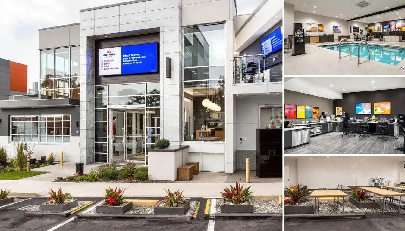 In the image, a collection of various hotels near Fayette Mall in Lexington, KY is depicted, showcasing their amenities such as spacious rooms, free Wi-Fi, and convenient access to shopping and restaurants. Notable hotels include the Marriott Lexington Fritz Farm, Hilton Lexington Fayette Mall, and Staybridge Suites, all offering a prime location for business travelers and leisure guests.