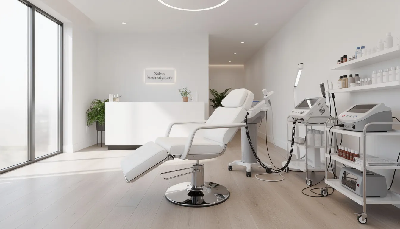 Nowoczesne wnętrze salonu kosmetycznego z fotelem zabiegowym oraz profesjonalnym sprzętem do medycyny estetycznej, idealne do wykonywania zabiegów na twarz, takich jak mezoterapia igłowa czy lifting twarzy. Wnętrze emanuje komfortem i estetyką, co sprzyja relaksowi podczas zabiegów pielęgnacyjnych.