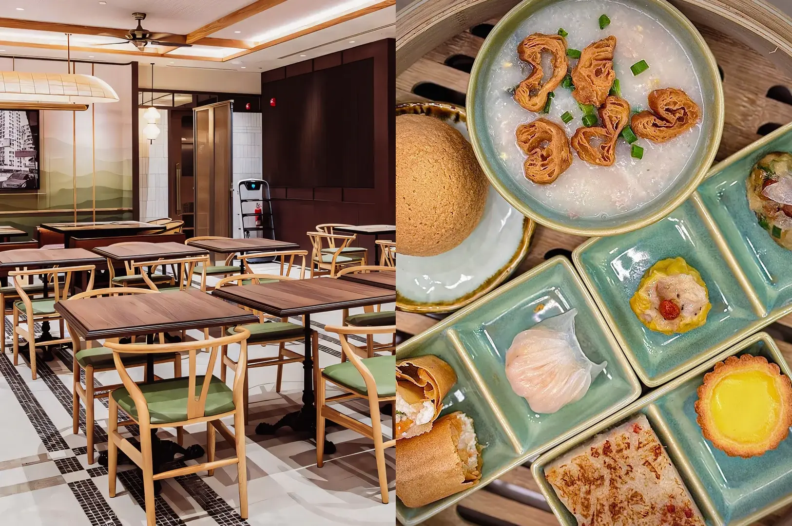 Left: Eye-level wide-angle view of a modern restaurant dining room with neatly arranged wooden tables and chairs, green seat cushions, patterned tile flooring, and soft ambient lighting from ceiling fixtures, creating a clean and contemporary interior setting. Right: Top-down close-up shot of a dim sum spread on ceramic trays, featuring a bowl of rice porridge topped with fried garnish and green onions, alongside assorted steamed and baked items arranged in square compartments, highlighting glossy textures, pastel dishware, and warm natural light.