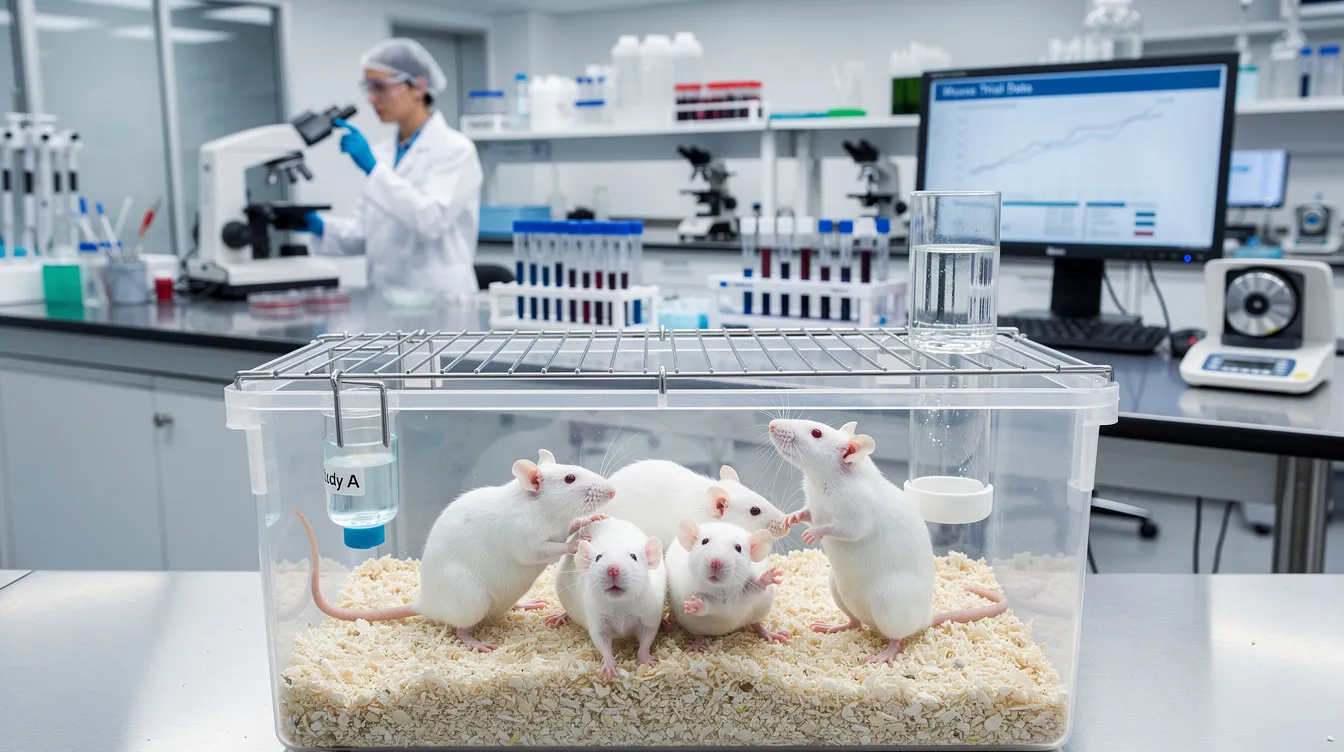 The image depicts laboratory mice housed in a research facility, surrounded by various scientific equipment used for studying aging and glucose metabolism. This setting highlights the focus on understanding the effects of carb blockers and their potential to improve health and increase lifespan in aging mice.