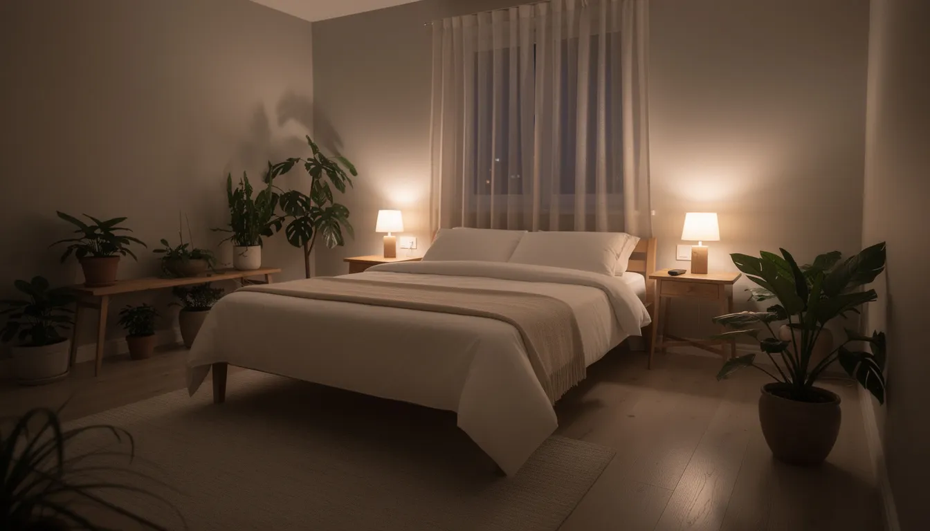 Das Bild zeigt ein ruhiges Schlafzimmer mit gedämpftem Licht, in dem ein ordentliches Bett steht, umgeben von Pflanzen, die eine entspannende Atmosphäre schaffen. Diese Umgebung könnte Menschen helfen, die unter Schlafstörungen leiden, und die Wirkung von medizinischem Cannabis zur Verbesserung der Schlafqualität unterstützen.