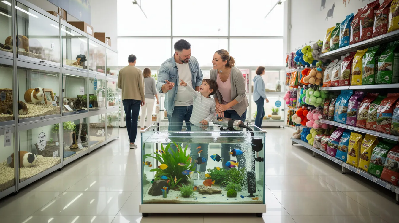 Ein helles und lebhaftes Zoofachgeschäft, gefüllt mit Familien, die verschiedene Tiergehege erkunden, darunter Bartagamen, Meerschweinchen und einen farbenfrohen Aquariumbereich mit Fischen. Die Atmosphäre ist lebhaft, Kunden interagieren und suchen Rat zu Haustieren, was ein Engagement für Tierschutz und Kundenzufriedenheit zeigt.