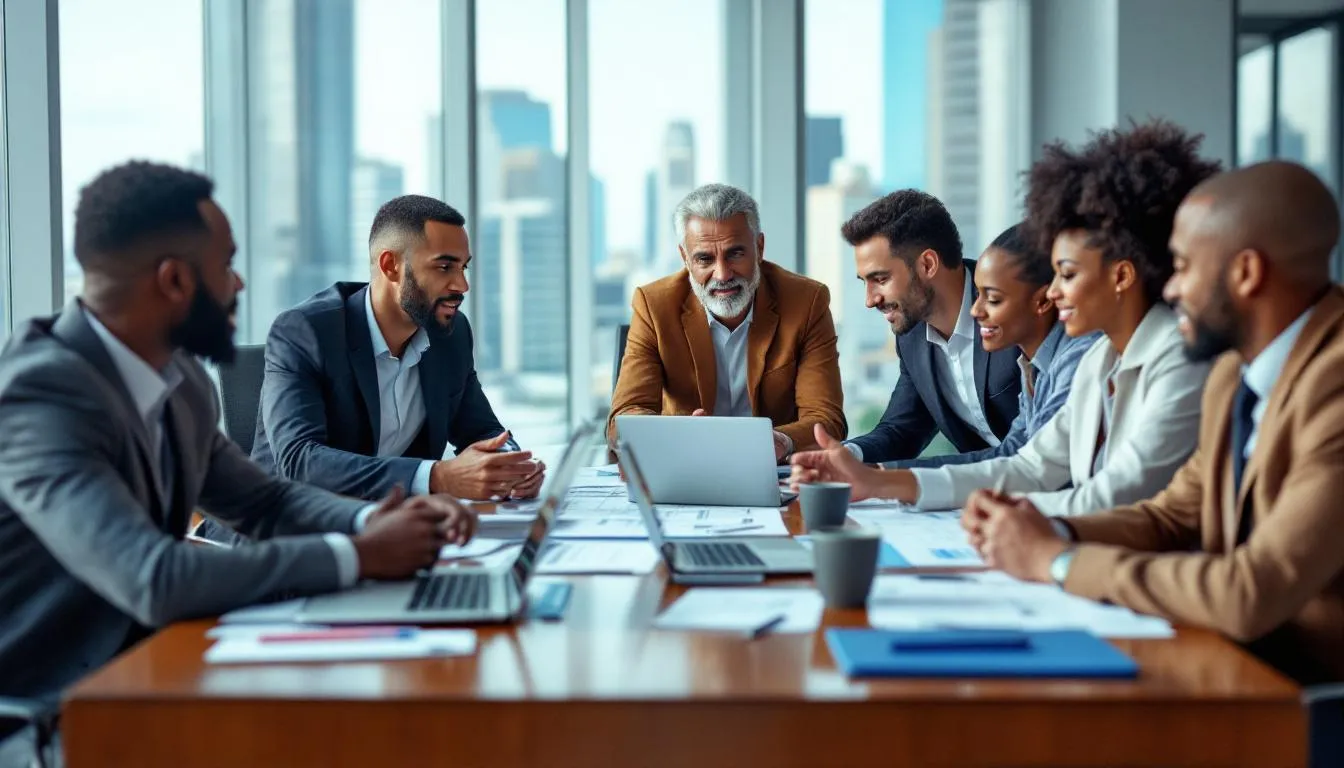 A group of diverse architects is engaged in a serious discussion around a conference table, focusing on the importance of collaboration and innovation in their industry. They are exploring new technologies and working conditions that can enhance the well-being of employees and the communities they serve.