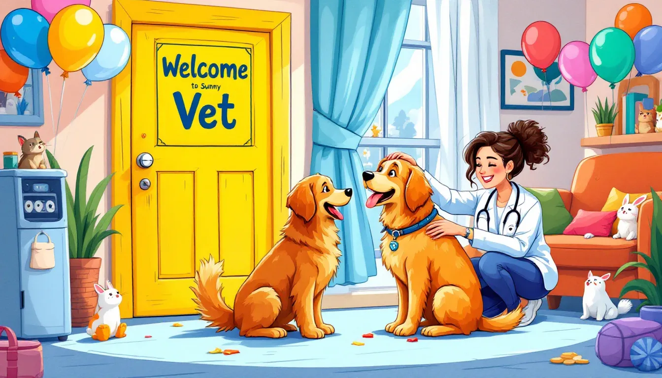 A happy dog entering a vet clinic, showcasing a positive experience during a veterinary visit.