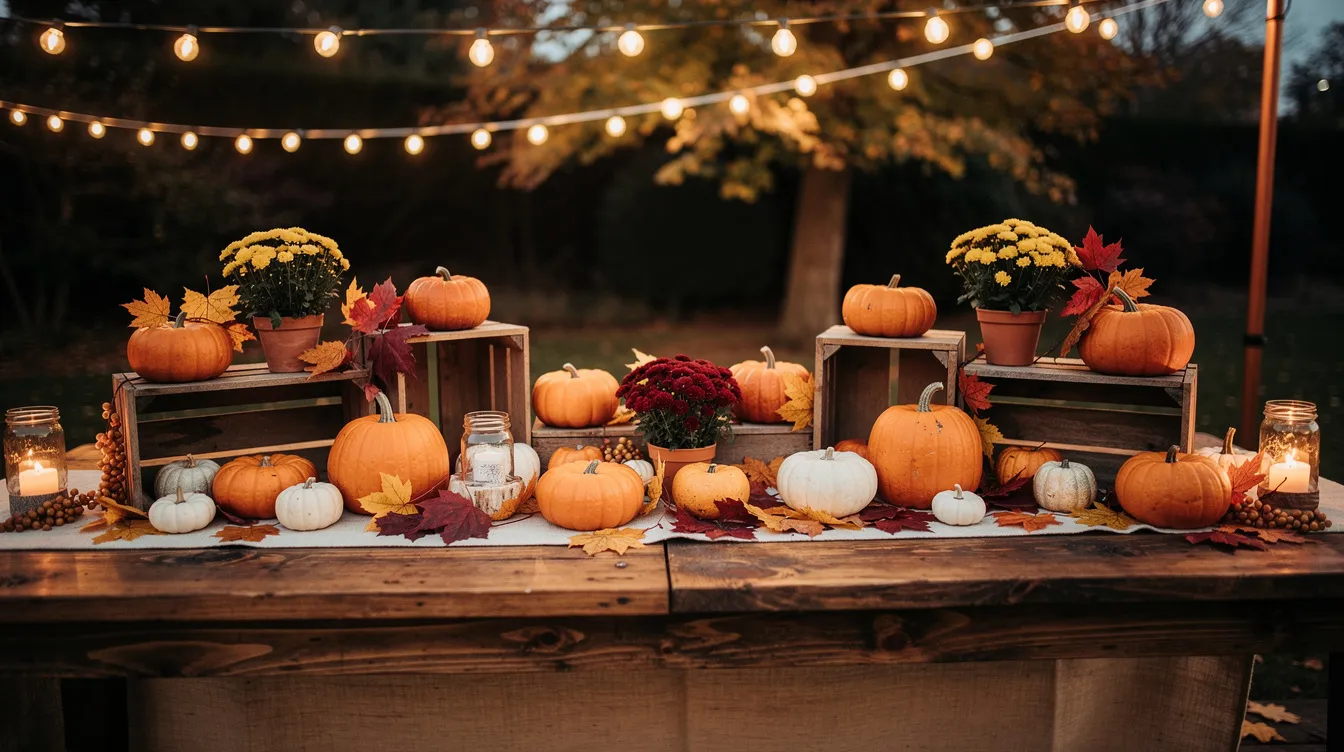 The image features an outdoor party table adorned with small pumpkins and vibrant autumn leaves, illuminated by string lights overhead. Wooden crates add height to the rustic surface, creating a charming setting perfect for a fall get-together, where guests can enjoy delicious drinks like hot apple cider and sweet treats.